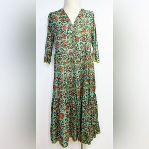 Soft Surroundings Boho‎ Style Midi Dress Green Floral Tiered 100% Cotton Medium